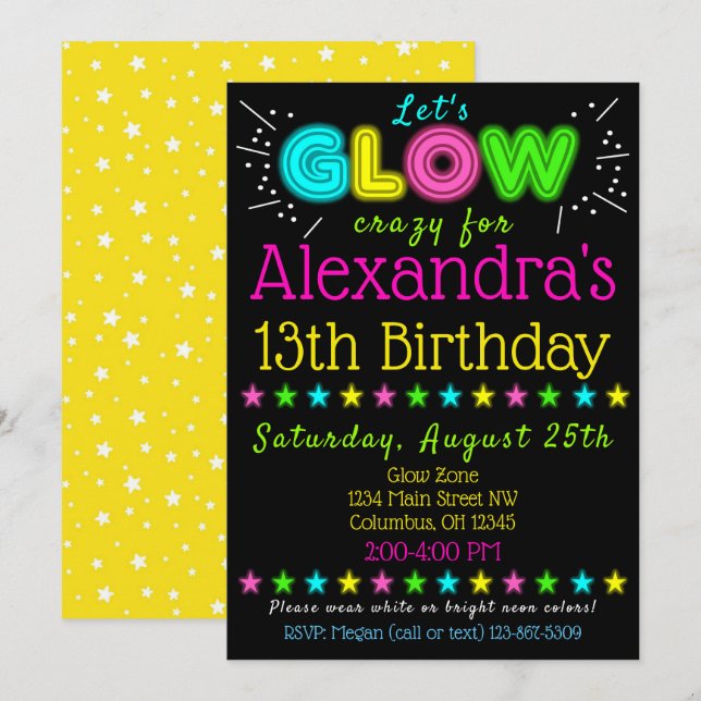 Neon Glow in the Dark Kids Birthday Party Invite (Front/Back)