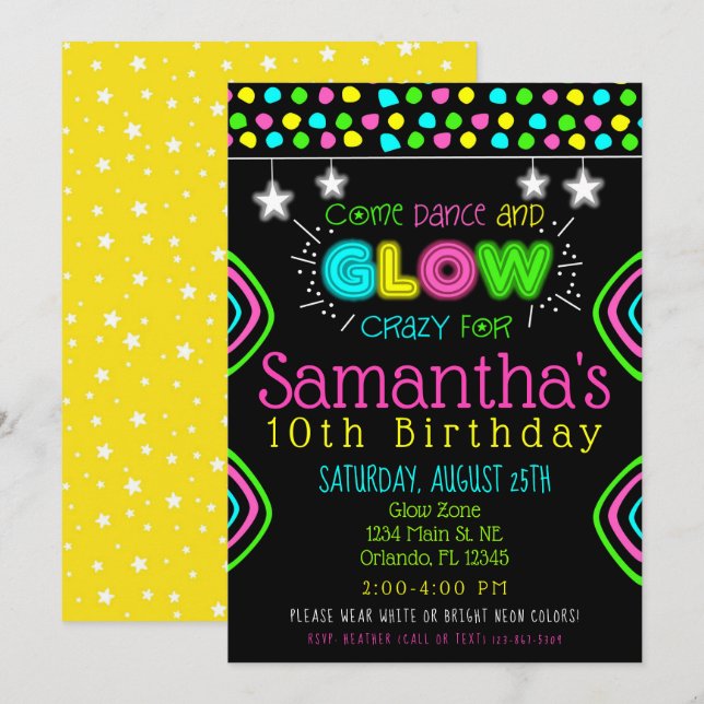 Neon Glow in the Dark Kids Birthday Party Invite (Front/Back)