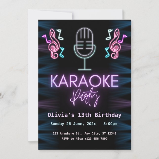 Neon Glow Karaoke Birthday Party Invitation (Front)