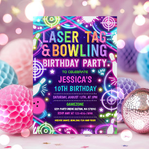 Neon Glow Laser Tag And Bowling Birthday Party  Invitation