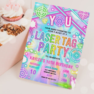 Neon Glow Laser Tag Tie Dye Birthday Party Invitation