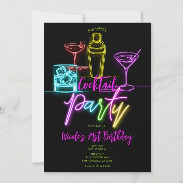 Neon Glow Lights Colourful Cocktails 21st Birthday Invitation (Front)