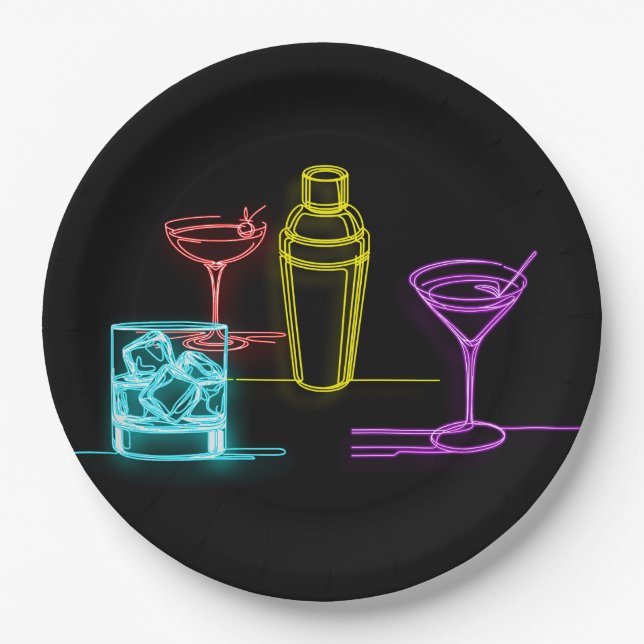 Neon Glow Lights Colourful Cocktails 21st Birthday Paper Plate (Front)