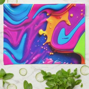 Neon Glow Liquid Splatter Artwork Kitchen Towel