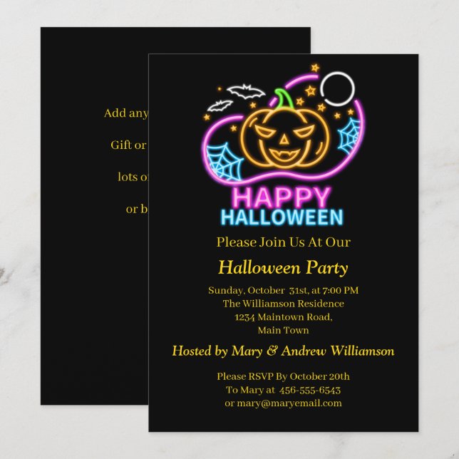 Neon Glow Look Halloween Pumpkin Bats Web Moon Invitation (Front/Back)
