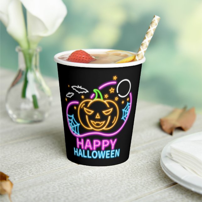 Neon Glow Look Halloween Pumpkin Bats Web Moon Paper Cups (Insitu)