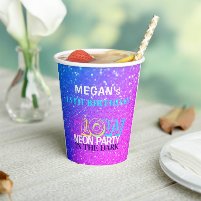 Neon glow modern 13th birthday party paper cups (Insitu)
