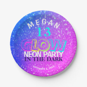 Neon glow modern 13th birthday party paper plate