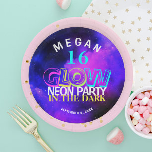 Neon glow modern Sweet 16 birthday party Paper Pla Plate