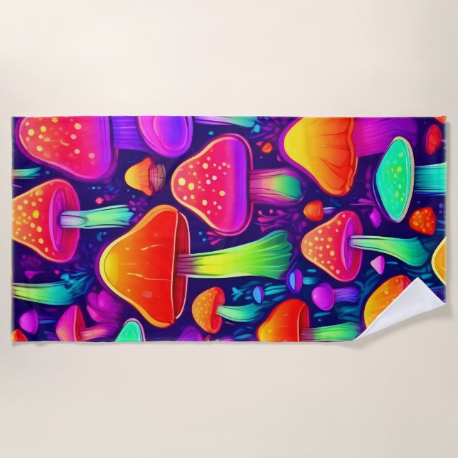 Neon Glow Mushroom Forest Beach Towel (Front)