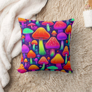 Neon Glow Mushroom Forest Throw Pillow