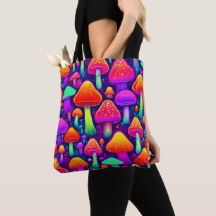 Neon Glow Mushroom Forest Tote Bag