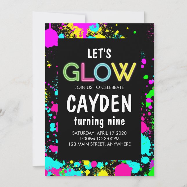 Neon Glow Paint Splatter Birthday  Invitation (Front)