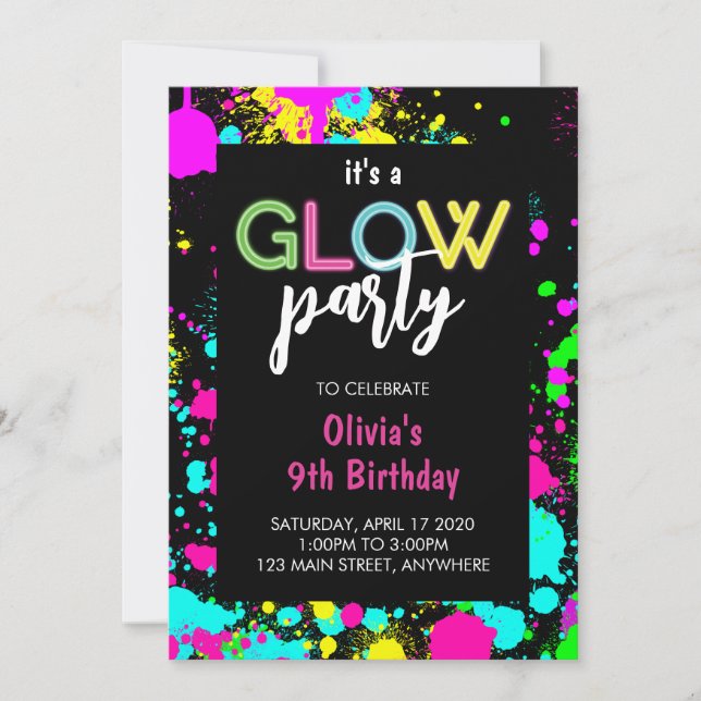 Neon Glow Paint Splatter Birthday  Invitation (Front)