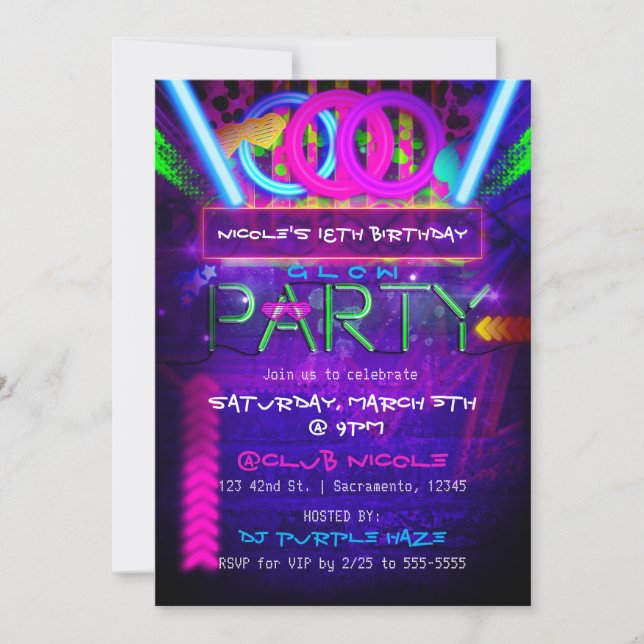 Neon Glow PARTY Birthday Club Événement Invitation (Devant)