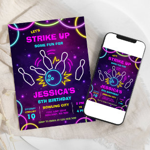 Neon Glow Party Bowling Birthday Invitation