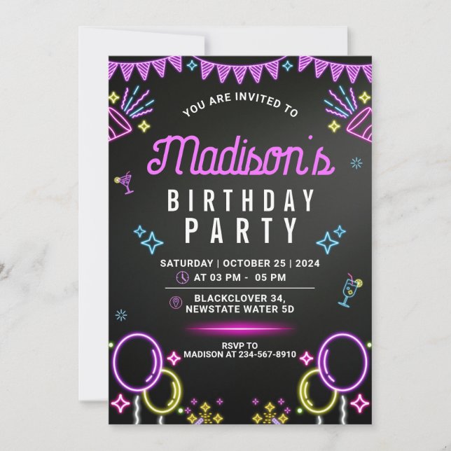 Neon Glow Party Editable Birthday Party Invitation (Front)
