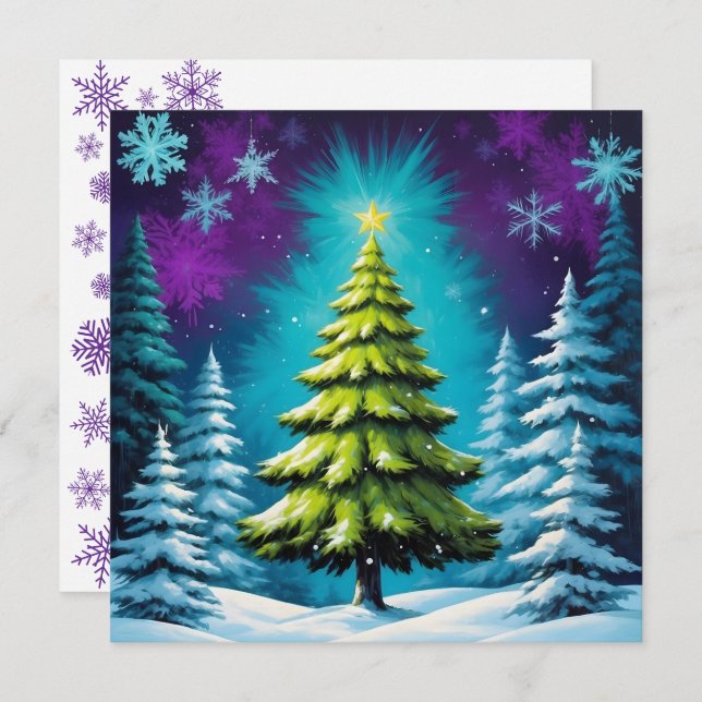 Neon Glow Pine Tree & Star in Dreamy Snowy Forest Holiday Card (Front/Back)