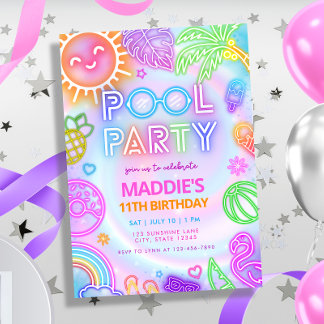Neon Glow Pool Party Anniversaire Invitation
