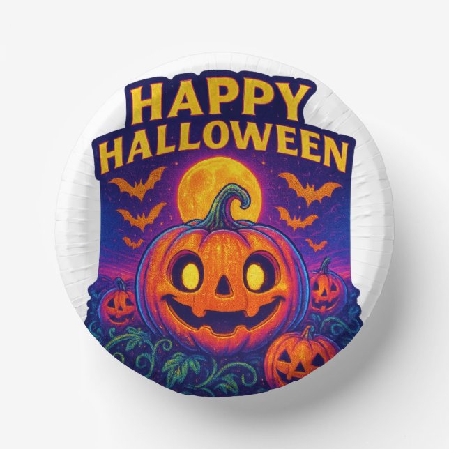 Neon Glow Pumpkin “Happy Halloween” Paper Plate (Front)