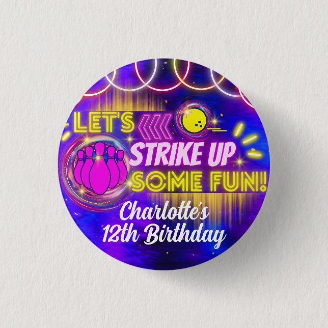 Neon Glow Purple Girl's Bowling Birthday Party 1 Inch Round Button (Front)
