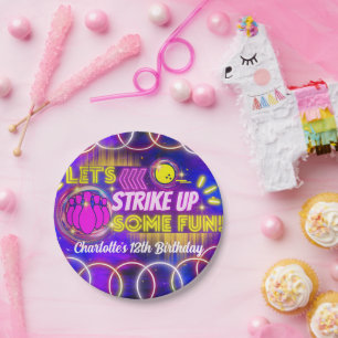 Neon Glow Purple Girl's Bowling Birthday Party Paper Plate