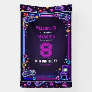Neon Glow Retro Arcade Gaming 8th Birthday Banner