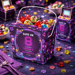 Neon Glow Retro Arcade Gaming 8th Birthday Favor Box