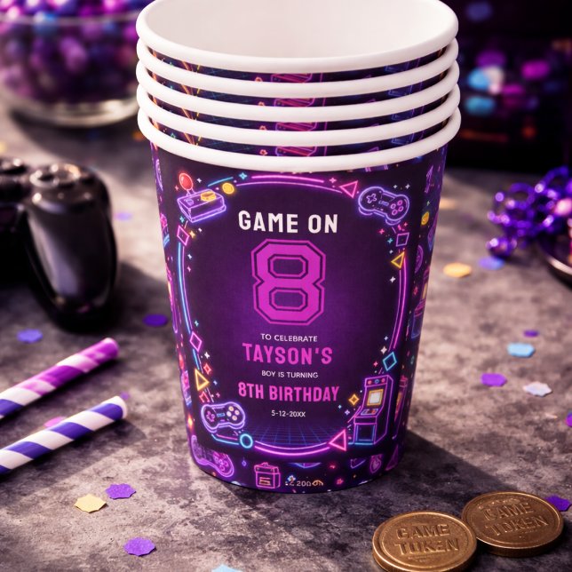 Neon Glow Retro Arcade Gaming 8th Birthday Paper Cups (Neon Glow Retro Arcade Gaming 8th Birthday Paper Cups)