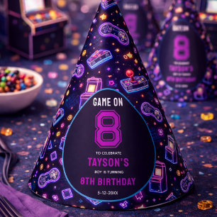 Neon Glow Retro Arcade Gaming 8th Birthday Party Hat