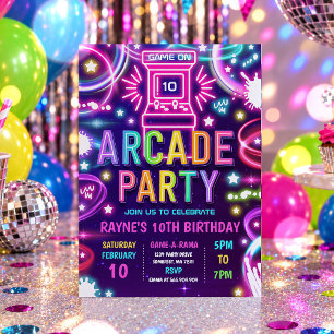 Neon Glow Retro Arcade Gaming Birthday Party Invitation