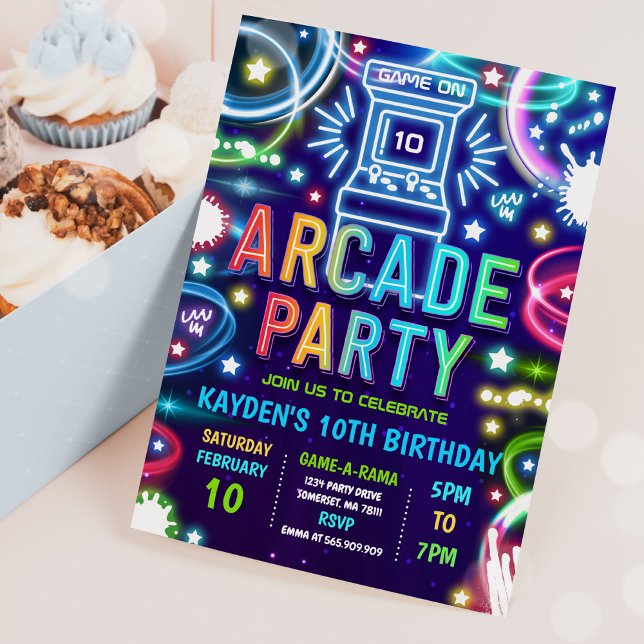 Neon Glow Retro Arcade Gaming Birthday Party Invitation (Creator Uploaded)