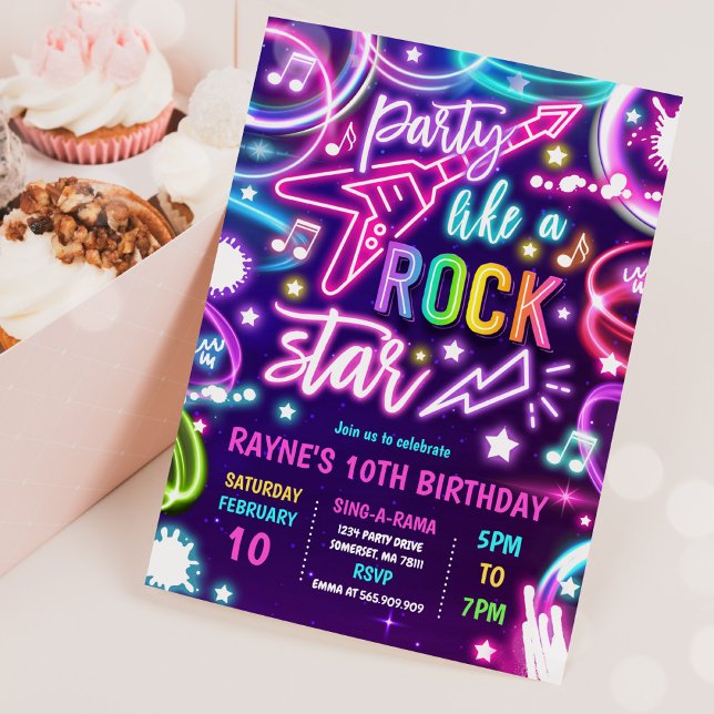 Neon Glow Rock Star Dance Music Birthday Party Invitation (Creator Uploaded)
