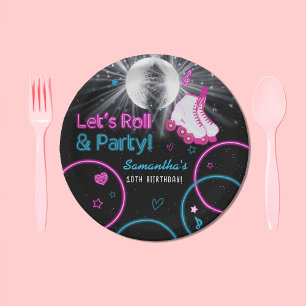 Neon Glow Roller Skating Let's Roll Birthday Party Paper Plate