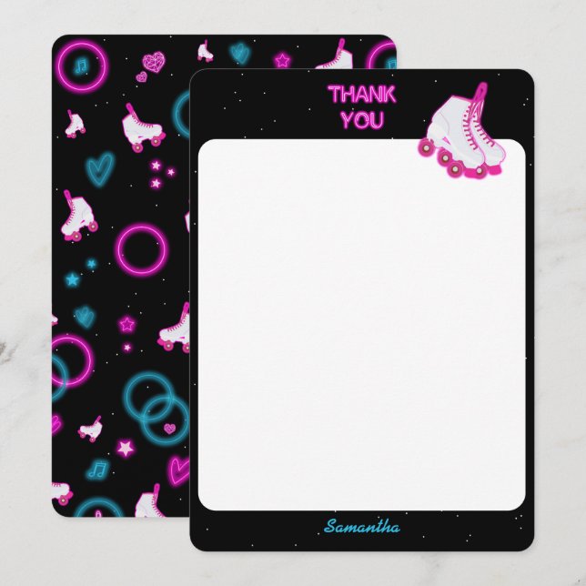 Neon Glow Roller Skating Let's Roll Birthday Party Thank You Card (Front/Back)