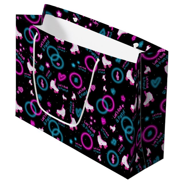 Neon Glow Roller Skating Let's Roll Pattern Large Gift Bag (Front Angled)