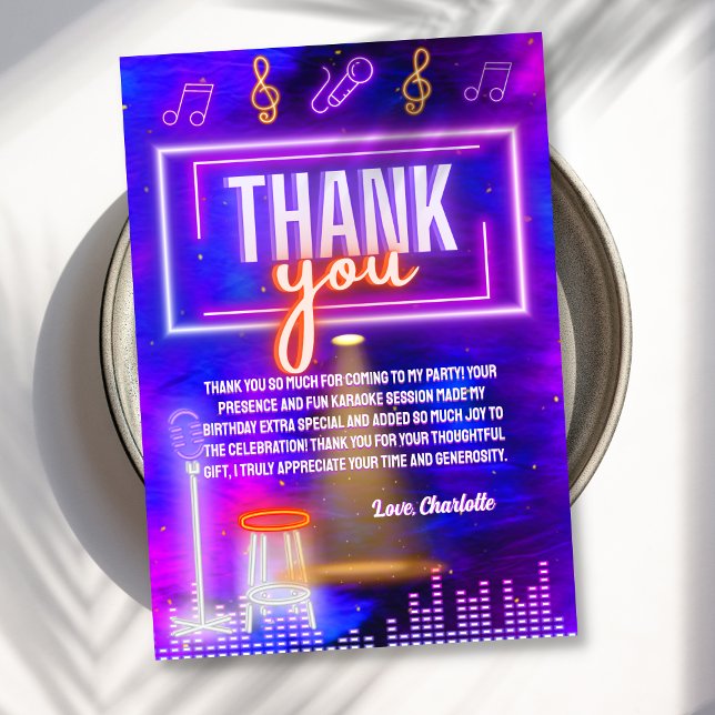 Neon Glow Sign Karaoke Birthday Party Thank You Card (Creator Uploaded)