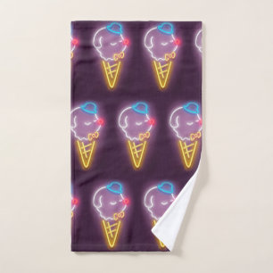 Neon Glow: Smiling Bichon Ice Cream Repeat Pattern Hand Towel
