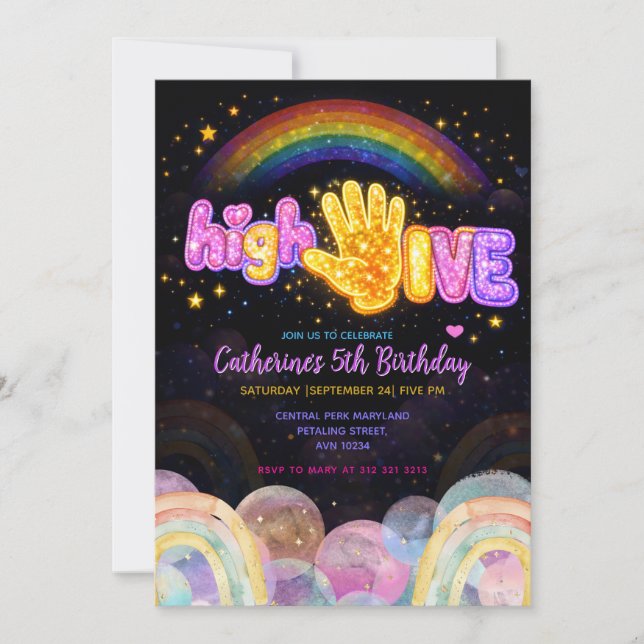 Neon Glow Sparkle High Five Birthday Party Invitation (Front)