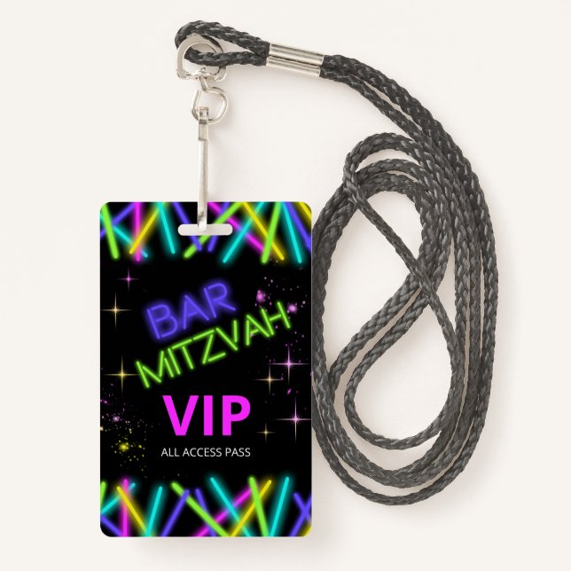Neon Glow Stick Bar Mitzvah ID991 Badge (Front with Lanyard)