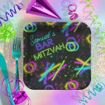 Neon Glow Stick Bar Mitzvah ID991 Paper Plate<br><div class="desc">A border of scattered glow sticks in an array of bright neon colours adds a fun element to this Bar Mitzvah paper plate design. Add a personal name using the provided template. Search ID991 to see coordinating invitation and other party supplies with this colourful design.</div>