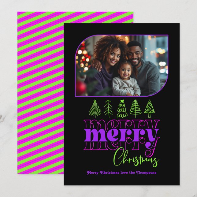 Neon Glow Tree Doodle Modern Retro Holiday Photo (Front/Back)