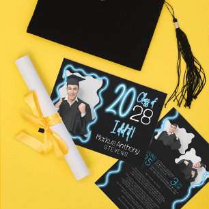 Neon Glow Wavy Border Photo Graduation Ceremony Invitation