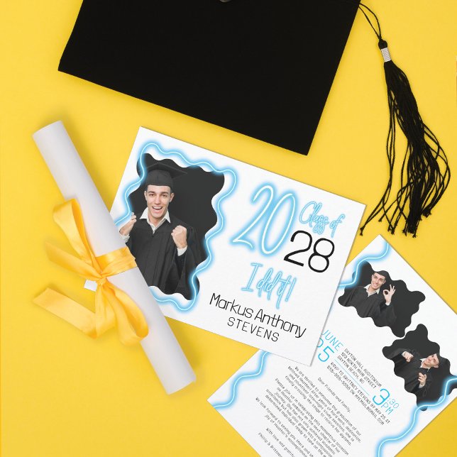 Neon Glow Wavy Border Photo Graduation  Ceremony Invitation (Creator Uploaded)