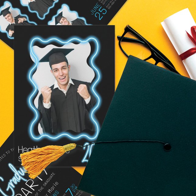 Neon Glow Wavy Border Photo Graduation Party Invitation (Creator Uploaded)