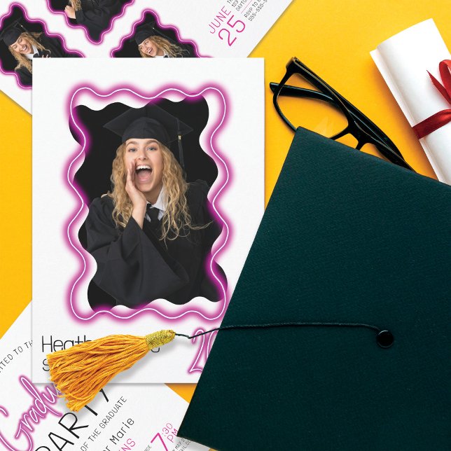 Neon Glow Wavy Border Photo Graduation Party Invitation (Creator Uploaded)