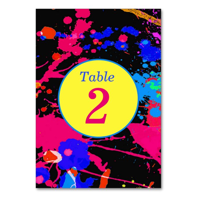 Neon Glow, Yellow Pink Purple Paint Splatter, Table Number (Front)