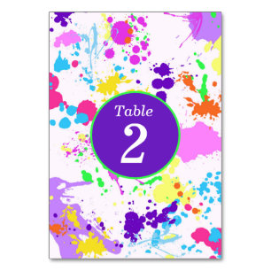 Neon Glow Yellow Pink Turquoise Paint Splatter, Table Number