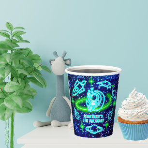 Neon Glowing Blue Outer Space Astronaut Rocket Paper Cups