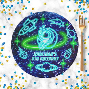 Neon Glowing Blue Outer Space Rocket Ship Boy's Paper Plate